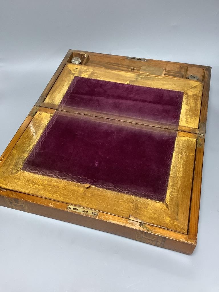 A Thonet style bentwood tray, 52 x 47cm, a writing slope and a rosewood tea caddy